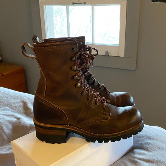 Frye Shoes - A pair of Frye brown logger leather boots